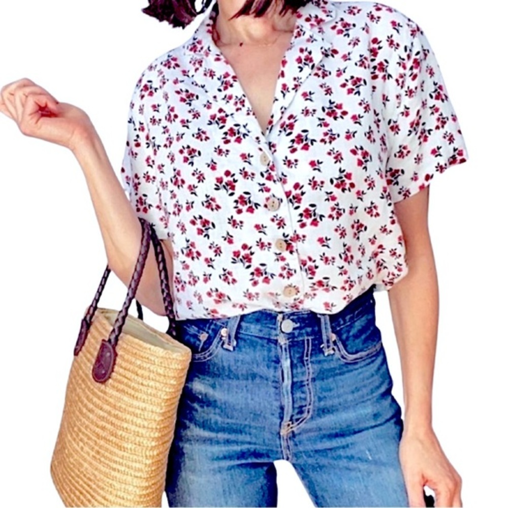 Cynthia Rowley Red and White Crop Button Down Shirt
